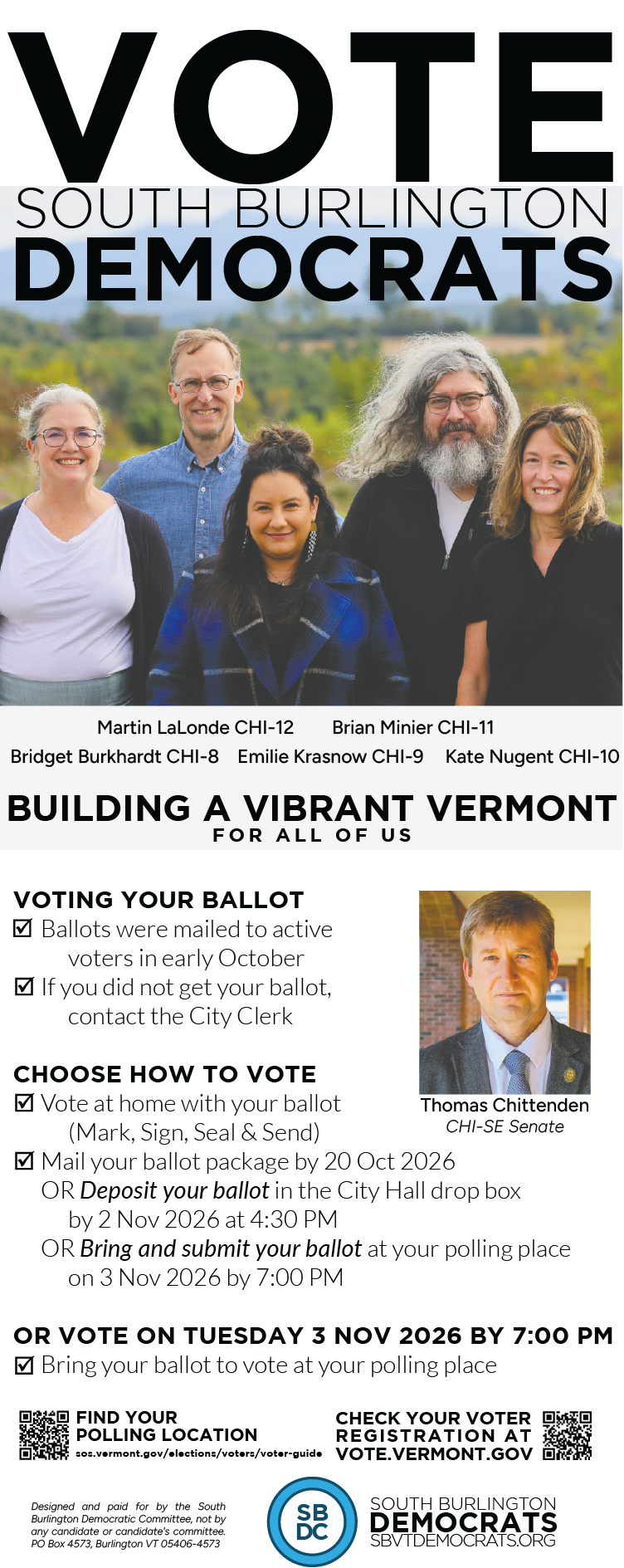 Ad image of South Burlington Democratic Candidates, Designed and paid for by the South Burlington Democratic Committee, not by any candidate or candidate's committee. PO Box 4573, Burlington VT 05406-4573