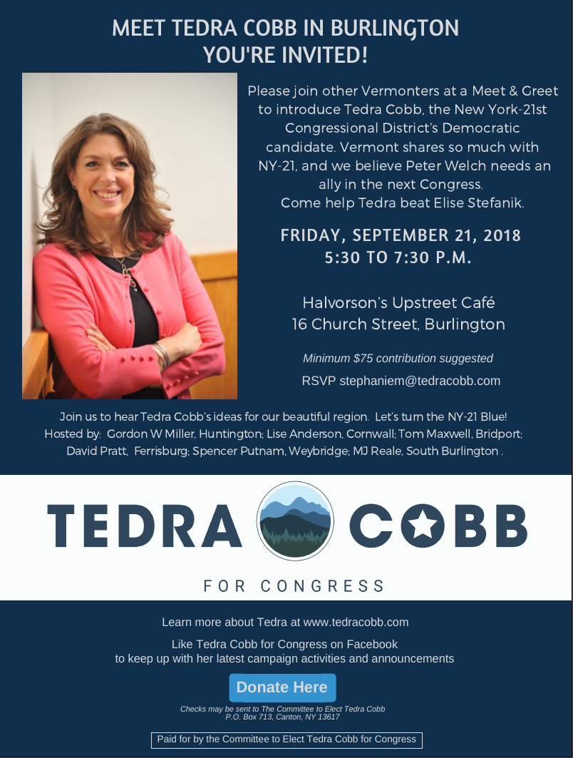 Meet Tedra Cobb Sept 21 in Burlington